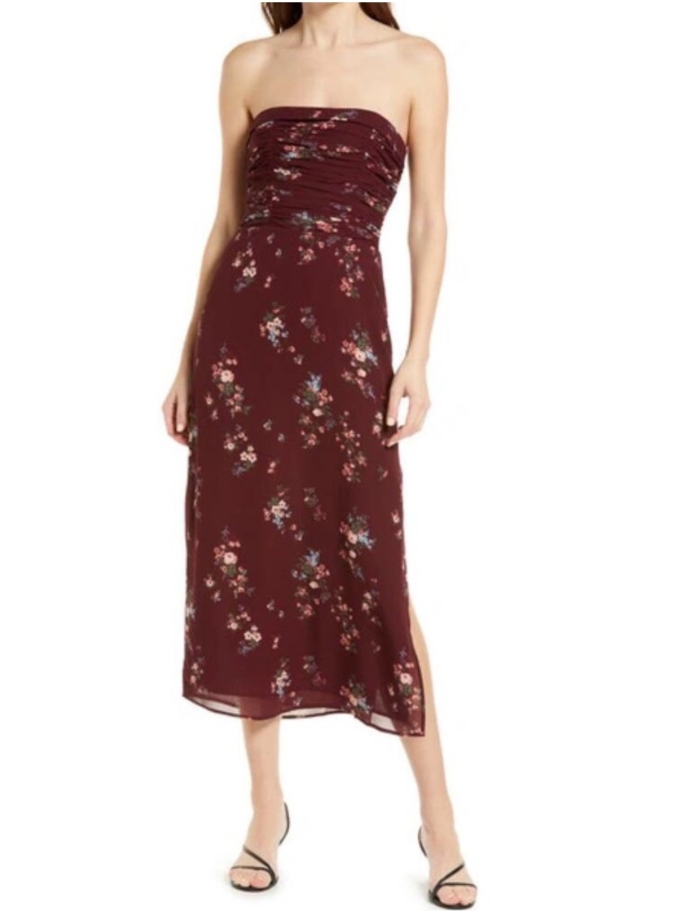 NWT Reformation Dress Lore Midi Strapless in Rosaline Burgundy Floral